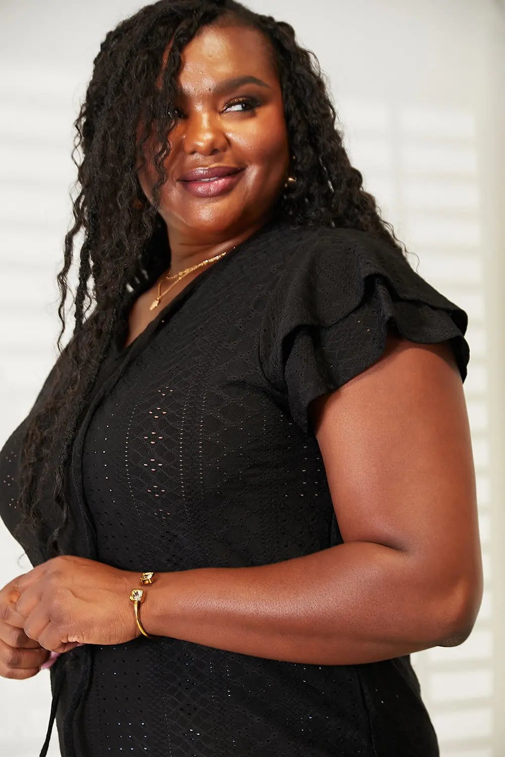 Double Take Eyelet Tie-Neck Flutter Sleeve Blouse - Love Salve